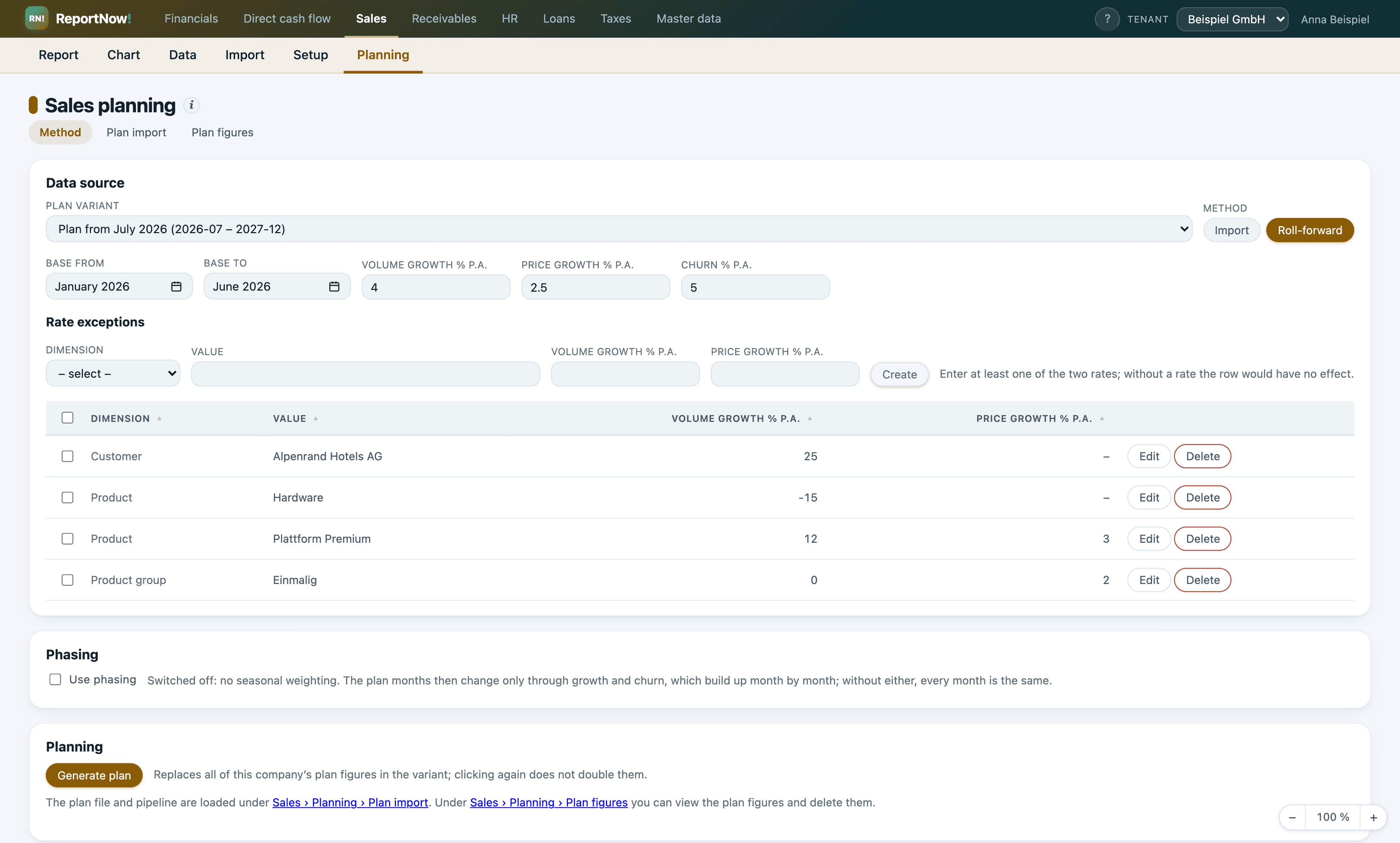 Sales › Planning › Method in ReportNow!: plan variant, base period, growth rates, churn, rate exceptions by value and phasing